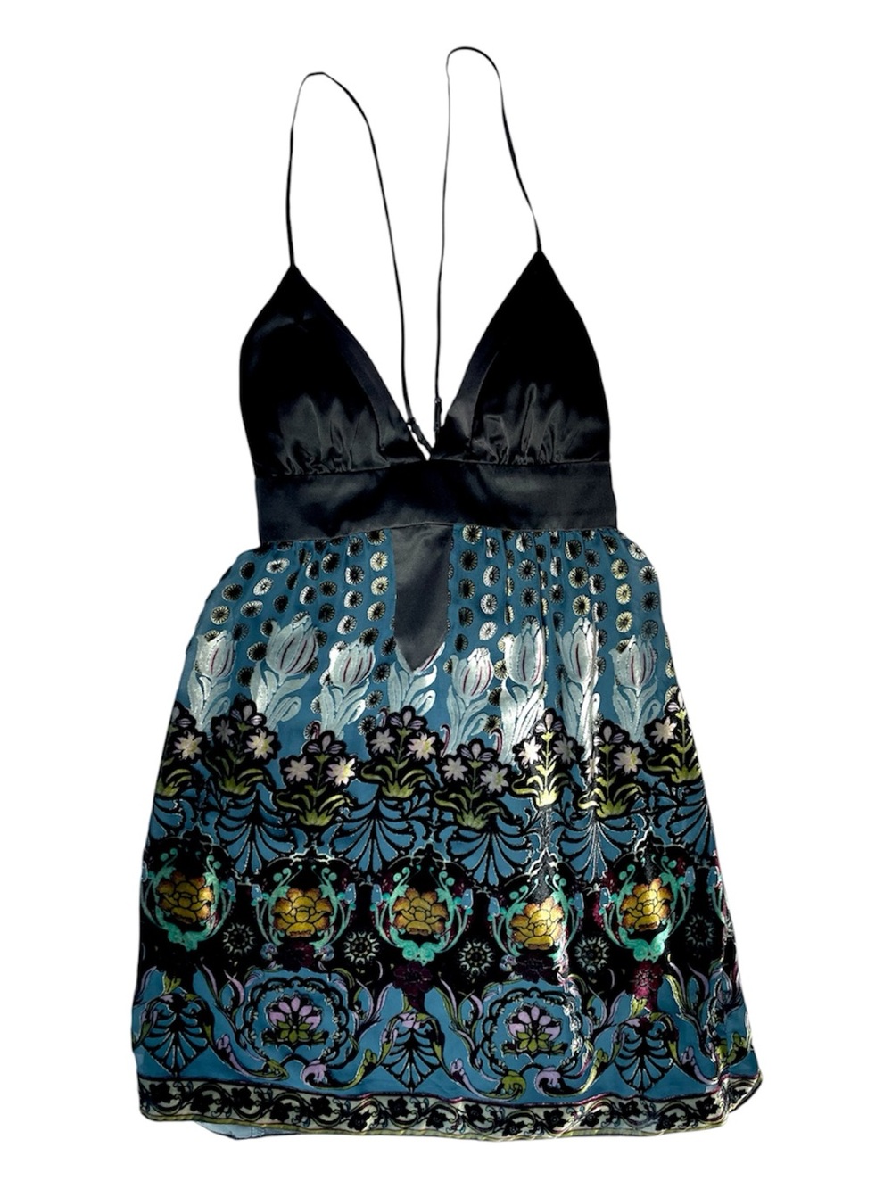 Single Dress Y2K Blue Floral and Ornamental Print Mini Dress Satin Top Silk Sml